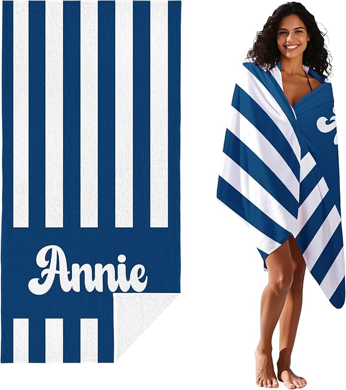 JML Personalized Beach Towel with Name, Custom Cabana Stripe Beach Towel, Customized Microfiber Pool Towel, Quick Dry & Absorbent Swim Towel for Adult,Mother's Day, Birthday, Summer Holiday,Vacation-StrideForce Fitness