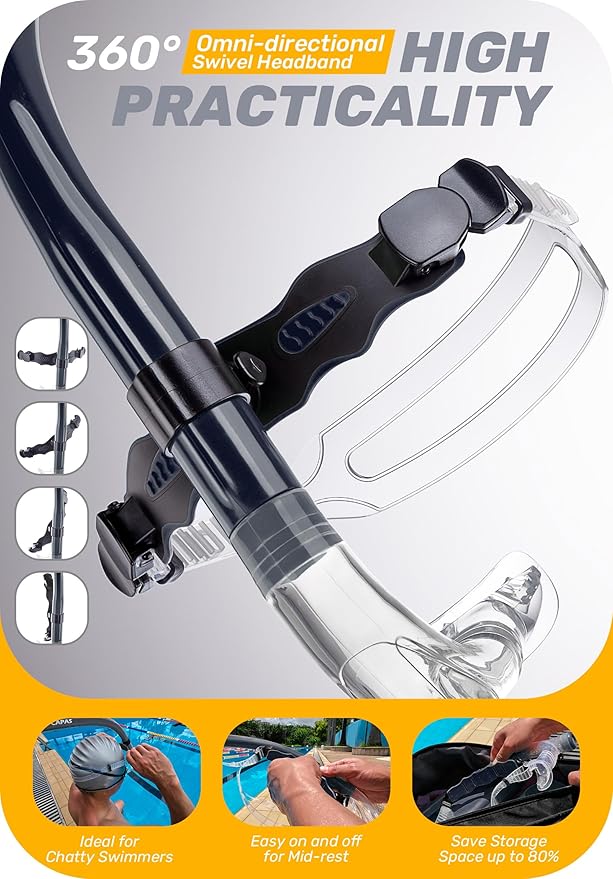 CAPAS Training Swim Snorkel for Lap Swimming, Swivel Headband Ultimate Fit Center-Mount Swimmers Snorkel with Liquid Silicone Mouthpiece Adjustable Strap, Designed for Adult Men Women-StrideForce Fitness