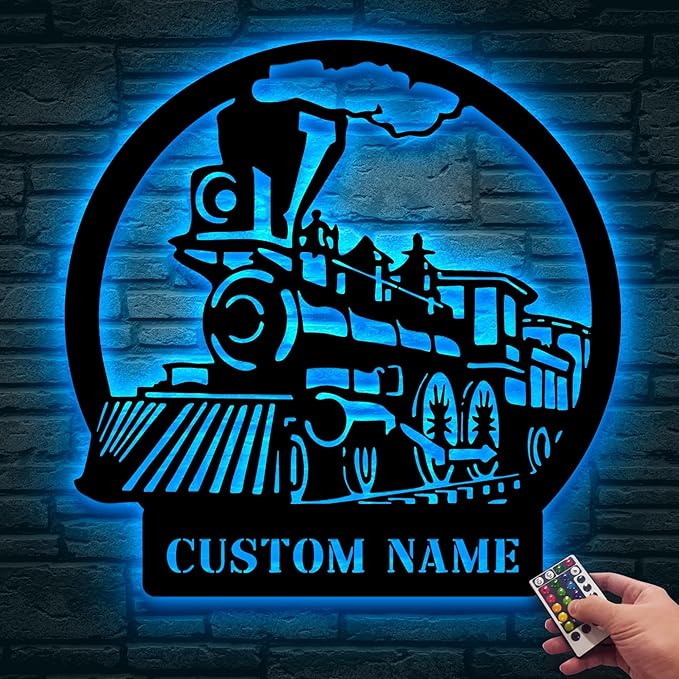 Personalized Metal Sign With LED Light, Train Room Decor, Railroad Wall Art, Custom Steam Train Home Decoration-StrideForce Fitness