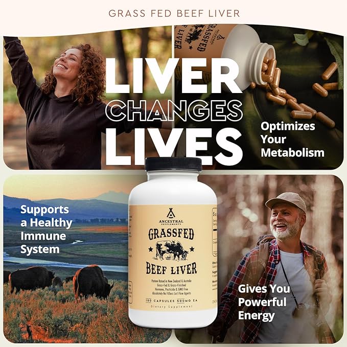 Ancestral Supplements Grass Fed Beef Liver 180 Capsules, Supports Energy Production, Detoxification, Digestion, Immunity and Full Body Wellness, Non-GMO, Freeze Dried Liver Health Supplement-StrideForce Fitness