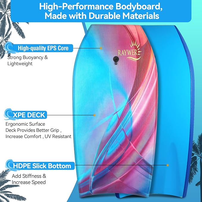 Body Board Lightweight with EPS Core, HDPE Slick Bottom, Leash & Adjustable Wrist Rope, Great Surfing for Kids and Adults-StrideForce Fitness