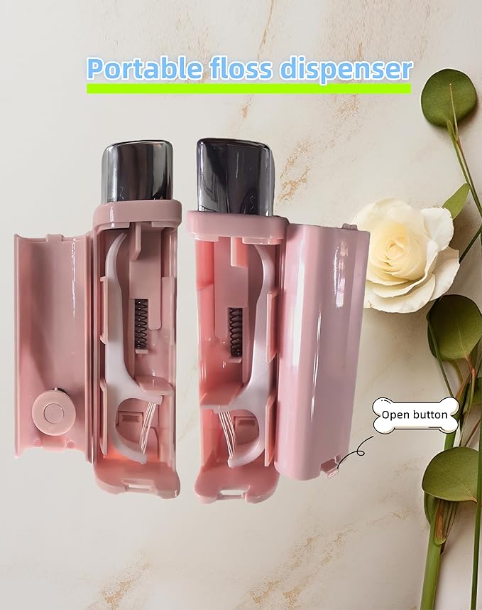 Portable Floss Dispenser, Upgrade Refillable Floss Pick Dispenser with 100 Picks, Automatic Dental Floss Pick Case, Refillable Floss Pick Box for Teeth Cleaning and Oral Care, Travel (Pink)