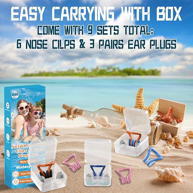 Swimming Nose Clip Ear Plugs - 9 Packs Silicone Swim Nose Plugs with Earplugs for Kids,Waterproof Pool Nose Plug for Diving Surfing and Other Water Sports with Storage Box,Multi-Color-StrideForce Fitness
