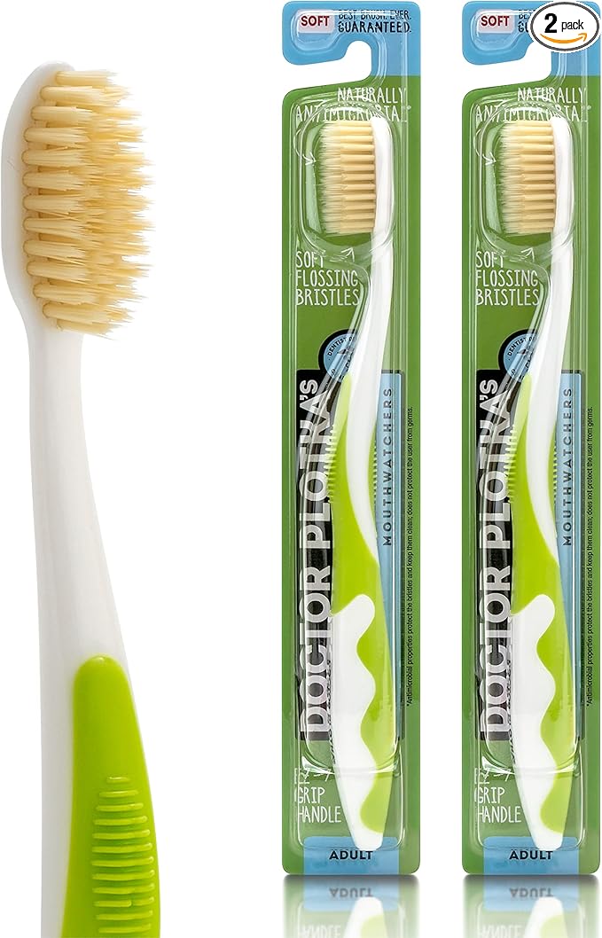 MOUTHWATCHERS Soft Flossing Manual Toothbrush for Adults, 2 Pack, Green, Ultra Clean, Good for Sensitive Teeth and Gums, by Dr. Plotka's