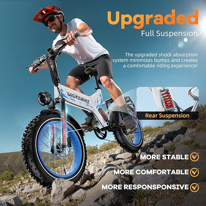 Folding Electric Bike for Adults, 20'' 1500W Peak Fat Tire Ebike, Up to 70 Miles 30+MPH Electric Mountain Bike with 52V 20AH Removable Battery, Dual Suspension, 7-Speed,UL Certified-StrideForce Fitness