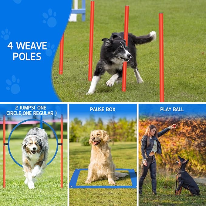 Polar Aurora Dog Agility Equipment, Dog Obstacle Courses Backyard - Pet Outdoor Games w/Adjustable High Jump, Agility Weave Poles, Tunnel, Jumping Ring, Pause Box, 2 Balls,Whistle and Carrying Bag-StrideForce Fitness