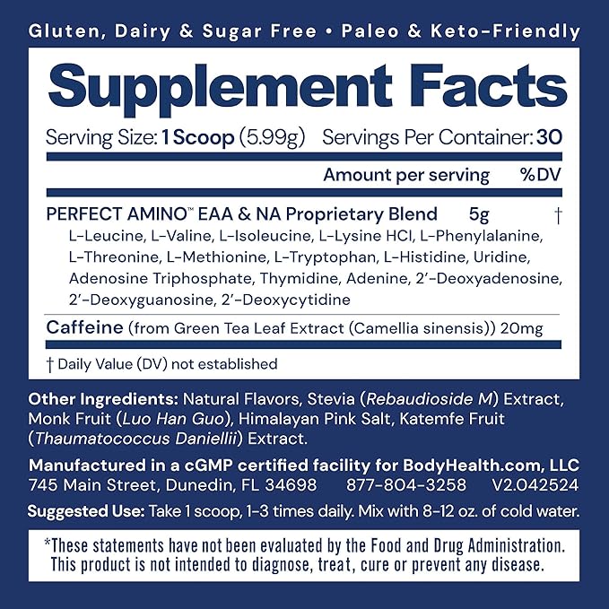 BodyHealth PerfectAmino Powder - BCAA and EAA Powder for Pre and Post Workout - Amino Acid Energy Drink for Men and Women to Support Lean Muscle and Recovery - Mocha - 30 Servings-StrideForce Fitness