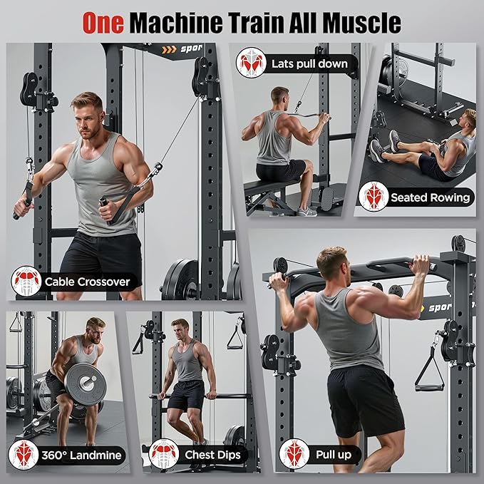 Sportsroyals Power Cage,1600lbs Multi-Function Power Rack with Adjustable Cable Crossover System and More Training Attachment, Weight Cage for Home Gym-StrideForce Fitness