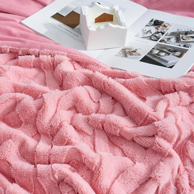 Cozy Bliss Faux Fur Throw Blanket for Couch, Jacquard Fuzzy Plush Soft Thick Winter Throw Blanket for Sofa Bed Living Room Bedroom, 50 * 60 Inches Hot Pink-StrideForce Fitness
