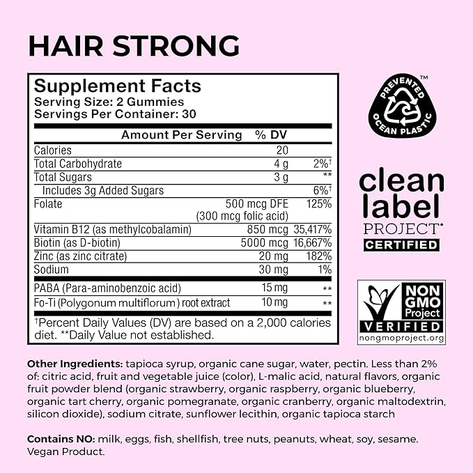 HUM Hair Strong - Daily Gummies with Biotin to Improve Hair Growth - Fo Ti, Folic Acid, Zinc, Vitamin B12 & PABA to Support Healthy Hair, Skin and Nails for Women and Men (60-Count)-StrideForce Fitness