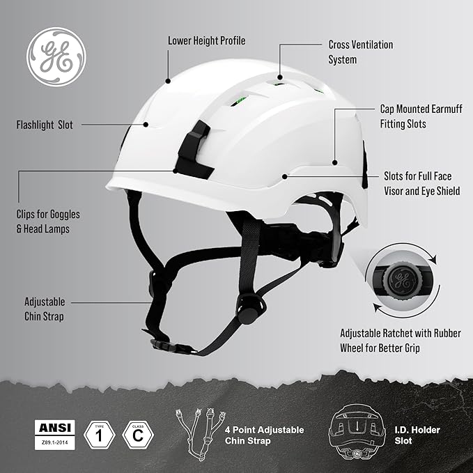GE Safety Helmet, Impact Absorbing Tech, Adjustable Ratchet, ANSI Type 1, Memory Foam Padding, Hard Hats Protection, Lightweight, Durable, Chin Strap, Comfortable Fit OSHA Approved-StrideForce Fitness