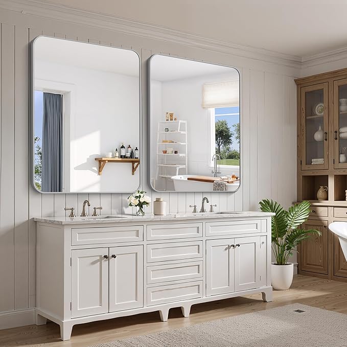 FORBATH 36x48 Inch Silver Bathroom Mirror for Over Sink, Large Rectangular Wall Mirror with Metal Frame, Rounded Corners for Bathroom, Bedroom, Entryway Decor (Horizontal or Vertical)-StrideForce Fitness