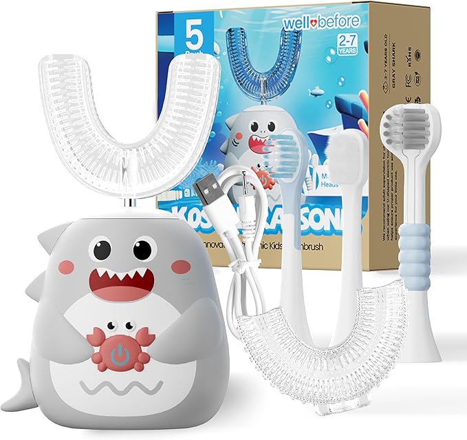 Well Before Kids U Shaped Electric Toothbrush with 5 Brush Heads, Ultrasonic, 5 Modes, IPX7 Waterproof Design (Shark, Grey Ages 2-7)