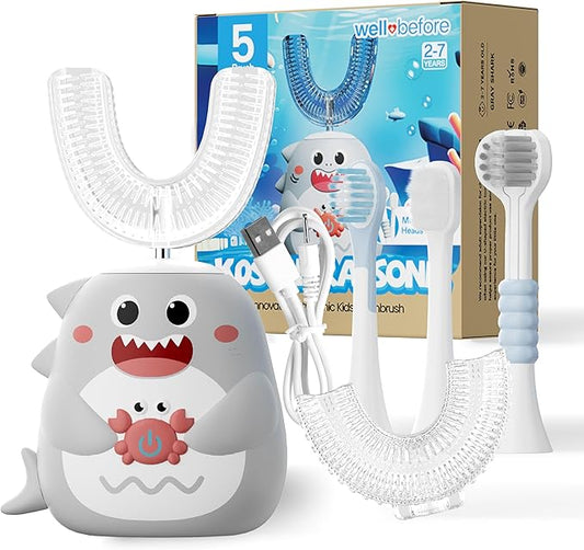 Well Before Kids U Shaped Electric Toothbrush with 5 Brush Heads, Ultrasonic, 5 Modes, IPX7 Waterproof Design (Shark, Grey Ages 2-7)