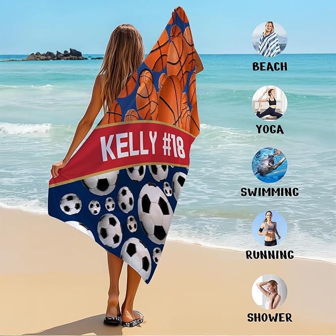 Personalized Beach Towel With Name, Custom Beach Towel with Text, Customized Basketball Football Microfiber Pool Towel, Quick Dry & Absorbent Swim Towel for Adult,Anniversary, Birthday, Summer Holiday-StrideForce Fitness