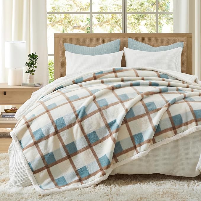 PU MEI Super Soft Faux Rabbit Fur Sherpa Fleece Throw Blanket, Reversible Luxury Cozy Cute Furry Blanket, Plush Warm Shaggy Fluffy Checkered Blankets for Sofa Couch Bed (Green-Plaid, 60" x 80")-StrideForce Fitness