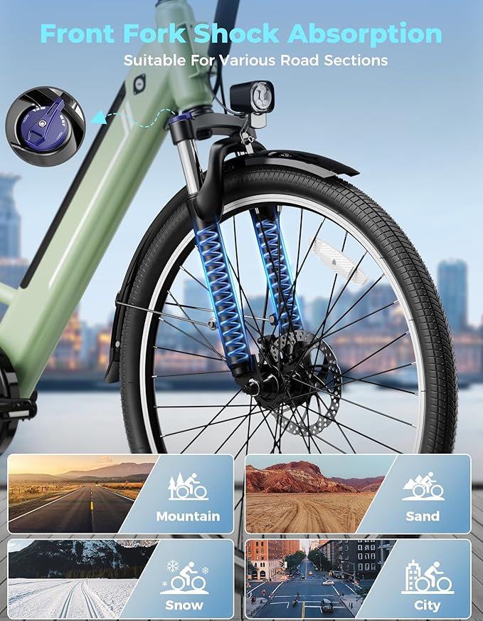 Jasion YC1/ST 26" Electric Bike, 750W Peak Motor, Step-Through Ebike for Adults, 360WH Removable Battery, Up to 40miles, Max 23MPH Urban Commuter E-Bike, 7 Speeds & Front Suspension-StrideForce Fitness