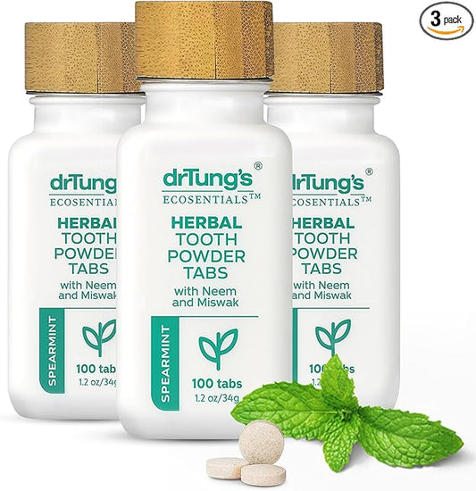 drTung's Herbal Toothpaste Tablets - Toothpaste Tabs for Dry Mouth Relief, Natural Tooth Powder Tablets for Fresh Breath, Fluoride Free, Travel Size, Vegan, Non-GMO - Spearmint (100 Tabs), 3-Pack