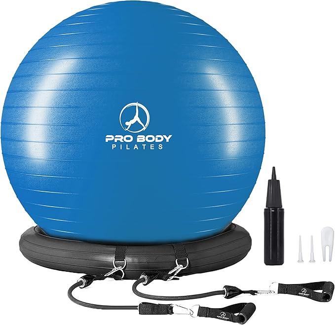 ProBody Pilates Yoga Ball Chair, Exercise Ball Chair with Base or Stand for Home Office Desk Sitting or Workout, 65cm Antiburst Balance & Stability Ball Seat, Large Gym Ball for Back, Abs-StrideForce Fitness