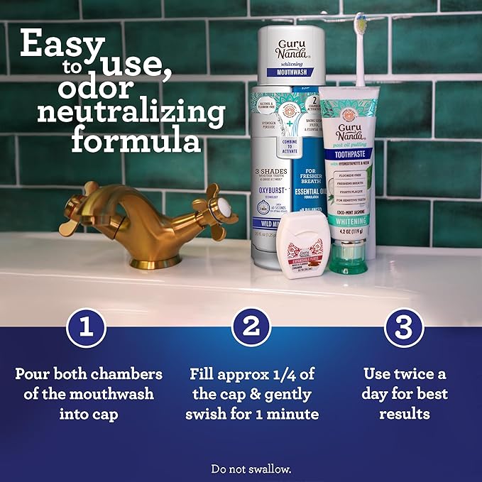 GuruNanda Teeth Whitening Dual Barrel Oxyburst Mouthwash - Alcohol & Fluoride Free, Hydrogen Peroxide to Promote Whiter Teeth - Wild Mint - 3x20 Fl Oz