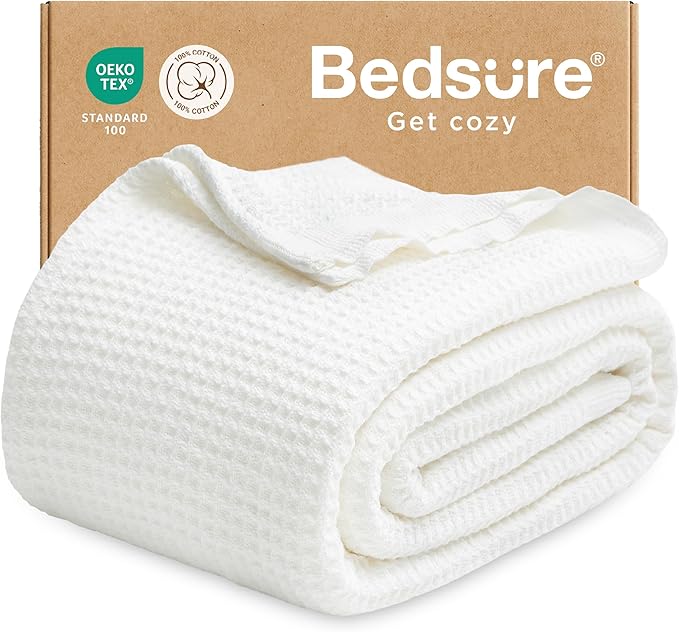 Bedsure 100% Cotton Blanket Twin XL Size for College Dorm - Breathable and Soft, Waffle Weave Twin Blanket for Summer, Dorm Room Essentials, White, 66x90 inches-StrideForce Fitness
