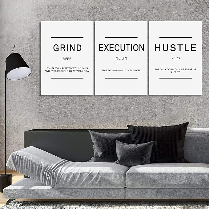 Framed Canvas Wall Art Success Quote - Office Wall Art, White Large Poster, Positive Motivational Set of 3 Prints, Execute Grand Hustle Poster, Inspirational Print (C-3pcs,20x30inchx3pcs)-StrideForce Fitness