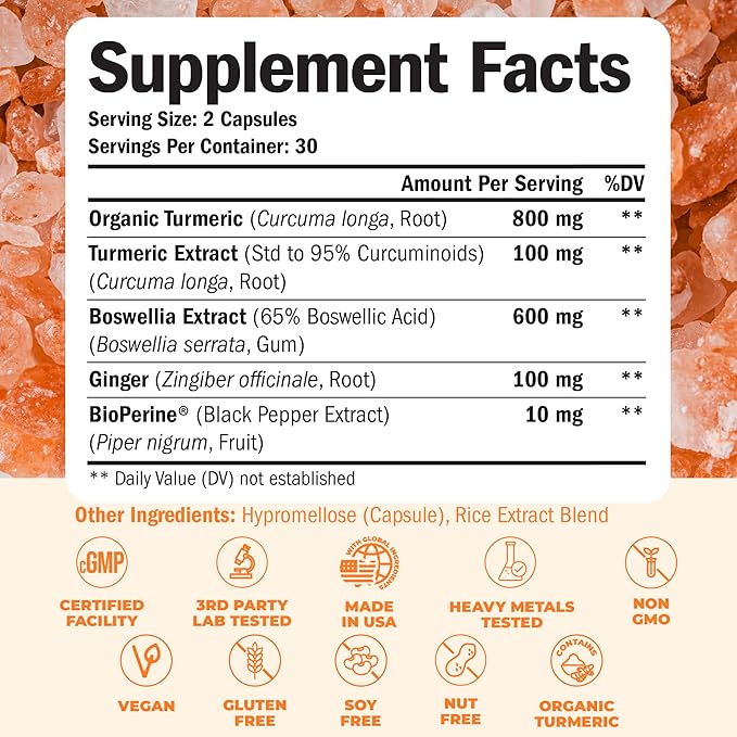 Turmeric Supplement with 65% Boswellia Extract Capsules - Turmeric Curcumin Supplement 95% Curcuminoids - Boswellia Serrata, Black Pepper, Organic Turmeric & Ginger root capsules - Tumeric Caps 2-Pack-StrideForce Fitness