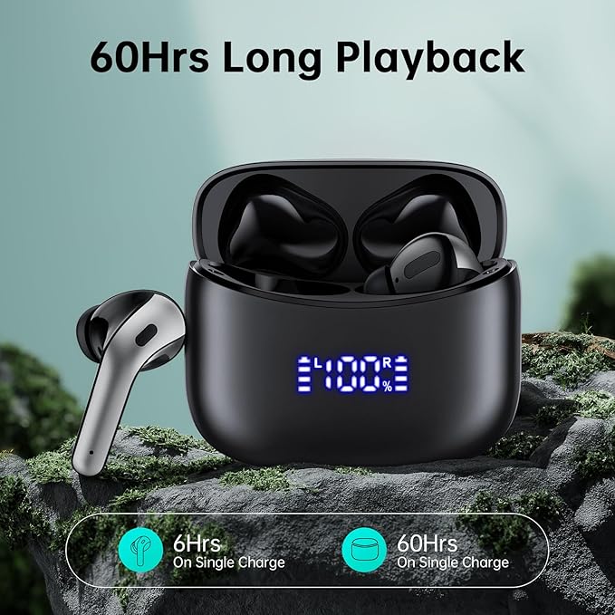 Wireless Earbuds, Bluetooth Ear Buds Headphones, 60H Long Playtime, Stereo Deep Bass, LED Power Display, IPX7 Sport Waterproof, Lightweight in-Ear Earphones with Mic for iPhone Android PC TV Computer-StrideForce Fitness