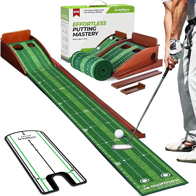 Golfguru Putting Green, 9.8ft Golf Putting Mat with Automatic Ball Return Track & Putting Mirror, Indoor Putting Greens for Home with Thickened Wrinkle-Free Crystal Velvet, Golf Accessories for Men-StrideForce Fitness