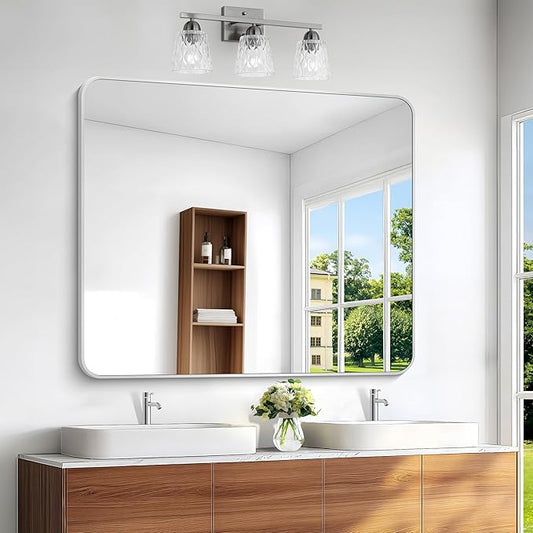 Silver Bathroom Mirror,40x48 inch Wall Mirror for Bathroom Wall Mounted,Rectangle Mirror for Bathroom Over Sink,Modern Frame Round Corner for Living Room,Bedroom Entryway,Horizontal/Vertical-StrideForce Fitness