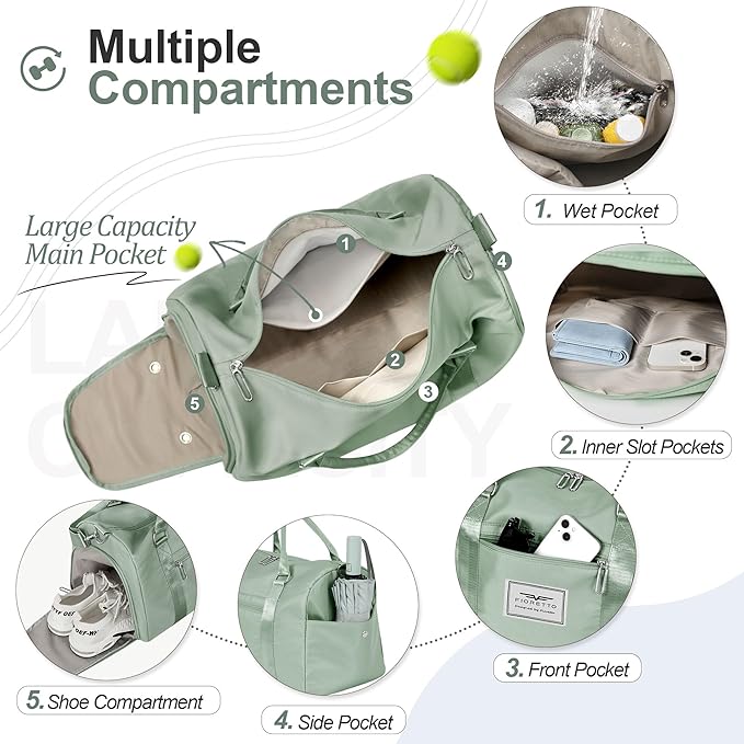 FIORETTO Womens Gym Tote Duffle Bag with Wet Pocket & Shoe Compartment, Sports Duffel Overnight Weekender Hospital Workout Carry on Bag for Girls, Ideal for Travel, Swimming, Dance, Ballet Celadon-StrideForce Fitness