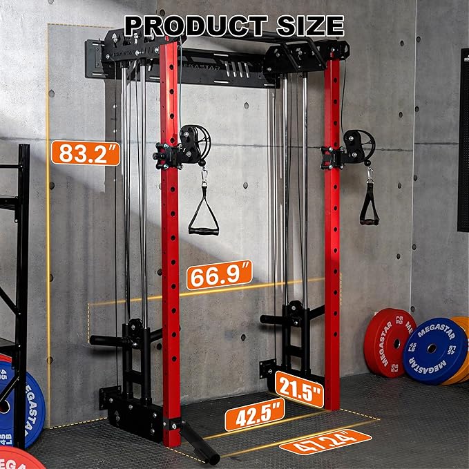Wall Mounted Power Rack – 1600LB Capacity Compact Commercial Home Gym with Dual Cable Crossover, LAT Pulldown, Multi-Grip Pull-Up Bar & Landmine Attachment for Small Spaces, P67 Striker Red-StrideForce Fitness