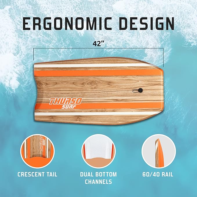 THURSO SURF Quill 42'' Bodyboard Lightweight Durable EPS Core IXPE Deck HDPE Slick Bottom FRP Stringer Crescent Tail Dual Channel Plastic Mesh with Double Stainless Steel Swivel Coiled Wrist Leash-StrideForce Fitness