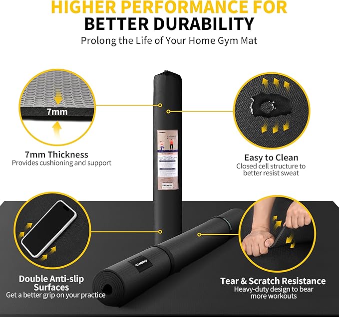 CAMBIVO Large Exercise Mat for Home Workout, 8'x6'/7'x5'/6'x4' (7 mm) Extra Thick Exercise Mat for Home Gym, Shoe-Friendly, Non-Slip Gym Mat for Jump Rope, Weights, Cardio, Fitness-StrideForce Fitness