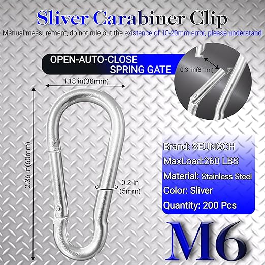 200Pcs 2.36" Heavy Duty Snap Hook Carabiners - M6 Galvanized Steel Quick Links for Keys, Hammocks, Swings, Outdoor Gear - Camping, Hiking, Fishing (Sliver)-StrideForce Fitness