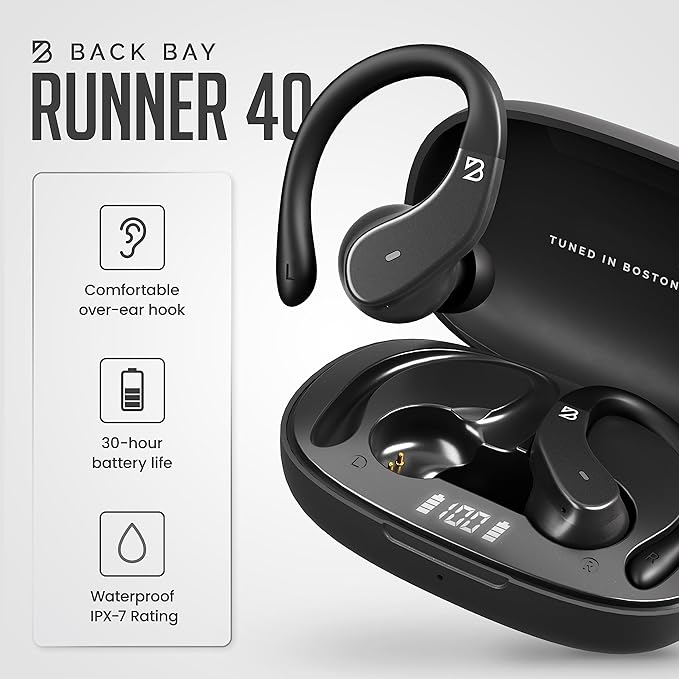 Back Bay Audio - Runner's Wireless Earbuds Bluetooth Headphones for Sports, Hook Over The Ear Buds, Deep Bass, Wrap Around Earphones with Earhooks for Running, Workout Wireless Headphones for The Gym-StrideForce Fitness