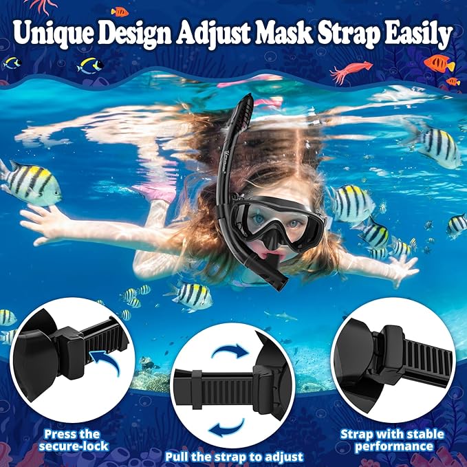 U PHITNIS Kids Snorkel Set for Age 4-14 - Dry Top Snorkeling Gear for Kids Junior & Youth - Childs Diving Mask with Big Eyes for Boys Girls - Anti-Fog Snorkeling Mask and Snorkel Set-StrideForce Fitness