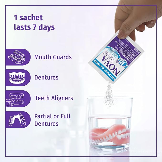 Novadent Dentures Cleaner – for Denture on implants, Denture Soft Liner and Orthodontic Appliance Without Soldering - 6 Months (26 sachets)