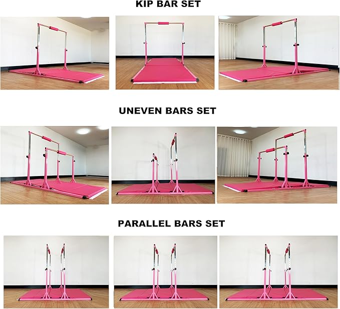 Gymnastics Double Horizontal Bars 3Play Parallel Bars Uneven Bars Gymnastics Training Kip Bar with 304 Stainless Steel Regulating Arms & Fiberglass Rail for Indoor Outdoor Home Club Use-StrideForce Fitness
