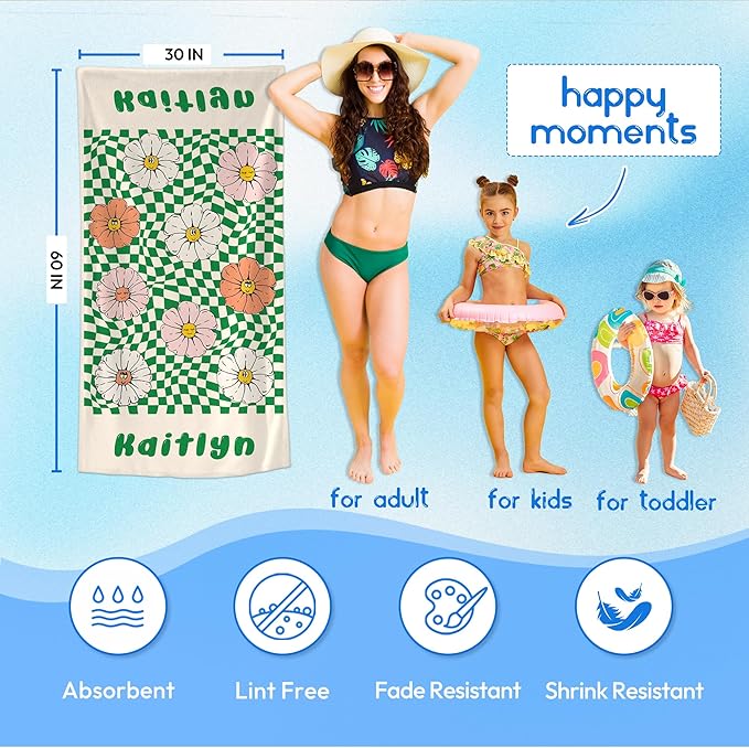 JML Personalized Beach Towel with Name, Custom Flower Beach Towel, Customized Microfiber Pool Towel, Quick Dry & Absorbent Swim Towel for Adult,Mother's Day, Birthday, Summer Holiday,Vacation-StrideForce Fitness