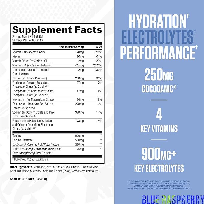 RYSE Hydration Electrolyte Powder Drink Mix Packets - Blue Raspberry - Sugar-Free Full Spectrum Electrolytes with Essential Vitamins, Taurine and Choline for Rehydration - 16 Serving Sticks-StrideForce Fitness