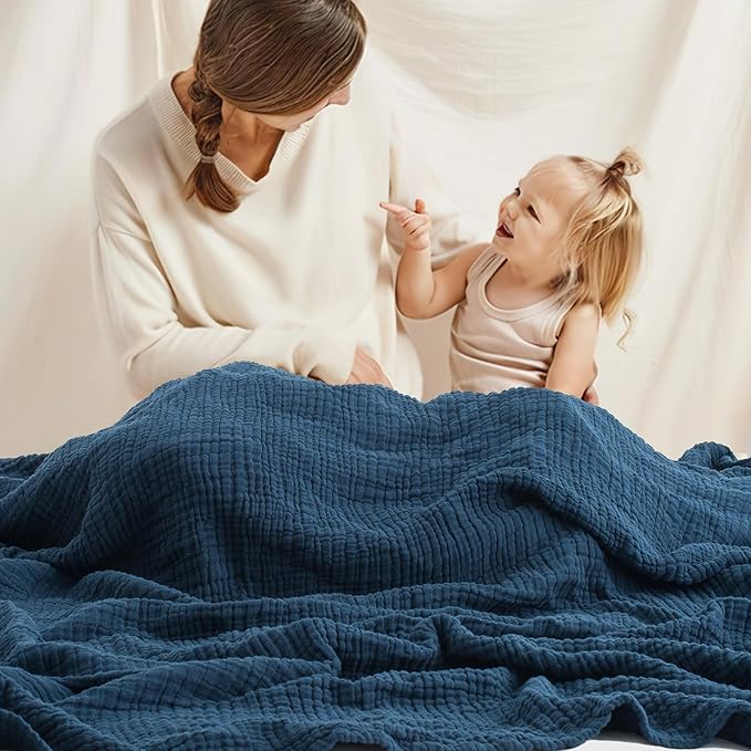 Carriediosa 100% Cotton Muslin Throw Blanket 66" X 90" Twin XL Size，4-Layers Summer Gauze Throws for Bed Couch，Soft Lightweight Breathable Linen Blankets Bedspread for Adults All Season，Navy Blue-StrideForce Fitness