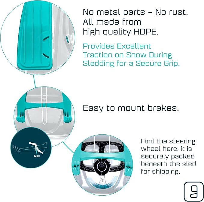 Snow Sled for Kids, Adults - Toboggan Sled, Easy Turning Steering Wheel, Anti-Slip Seat, Pull Up Brake, Durable Plastic Sled, Lightweight, Snow Sleds, Age 3+ 260 lbs-StrideForce Fitness