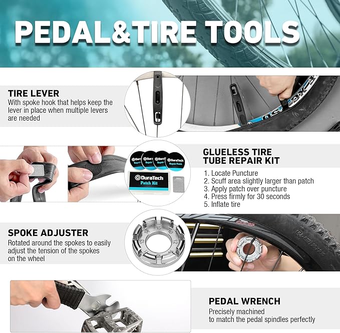 DURATECH 41 Pieces Bike Repair Tools, Complete Bike Tools Kit with Storage Box, Mountain Bike Maintenance Tools, for Mountain, Road, and Park Bicycle with Chain Riveter, Tire Levers, Crank Puller-StrideForce Fitness