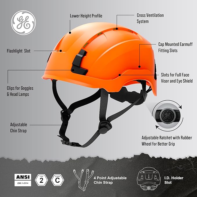 GE Safety Helmet: ANSI Type 2 Class G & E, Advanced Impact Technology, Ultra Comfortable Memory Foam, Heat Stress Reduction, Compatible with Accessories, Adjustable Size OSHA Approved-StrideForce Fitness
