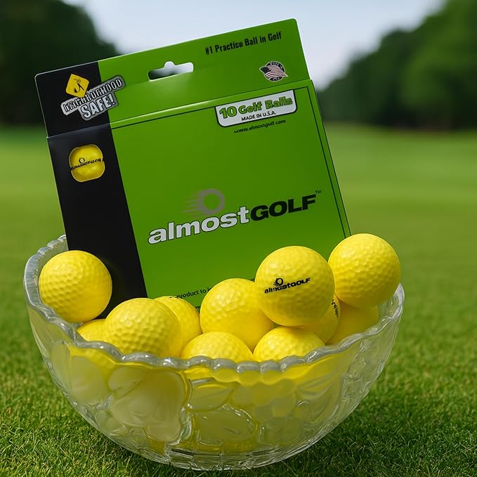 Best Practice Golf Balls on The Planet. Perfect for Golf Training. Solid Contact for Great Feedback. Limited Flight for Backyard use. Safe for Indoors. by AlmostGolf (10 Pack Yellow)-StrideForce Fitness