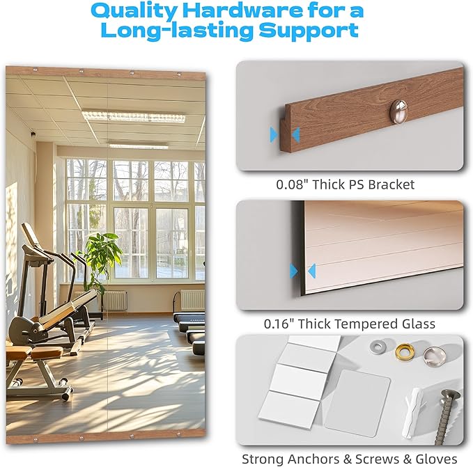 Hasipu 2Pcs 48''x24'' Home Gym Mirror Large Full Length Wall Mounted Full Body Mirror for Yoga Dance Fitness Exercise Studio Bedroom Garage, Frameless Tempered Glass Workout Mirrors Walnut Rectangular-StrideForce Fitness