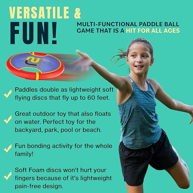Fun Bouncy Paddle & Stringy Ball Toss & Catch Game - Easy to Use for Kids All Ages - Soft Foam Design for Safe Play Indoors or Outdoors - Also Works as Flying Disc - Great Gift Idea for Boys & Girls-StrideForce Fitness