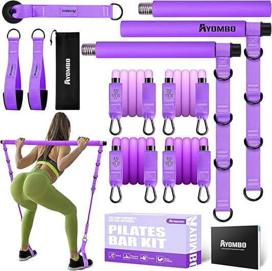 Pilates Bar Kit With Resistance Bands, Workout Equipment for Legs, Hip, Waist, Arm, Squats Exercise Equipment for Home Workouts, Adjustable 3-Section Bar Kit for Women & Men