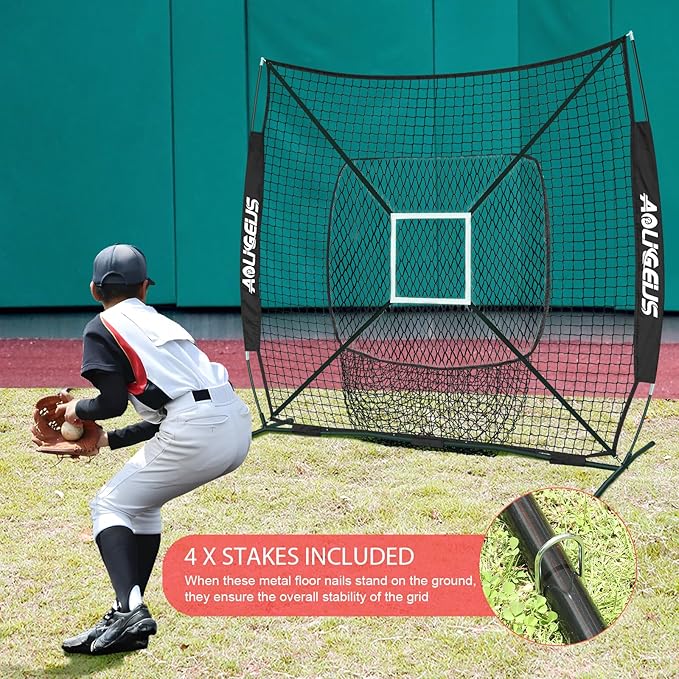 7'X7' Baseball Softball Practice Net,Pitching Net,Batting Net,with Baseball Tee,Bonus Strike Zone and Bow Frame,for Hitting,Pitching, Catching-StrideForce Fitness